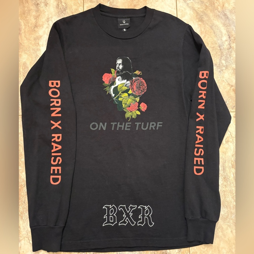 Born X Raised On the Turf Men’s Black Long Sleeve Pullover T Shirt Small